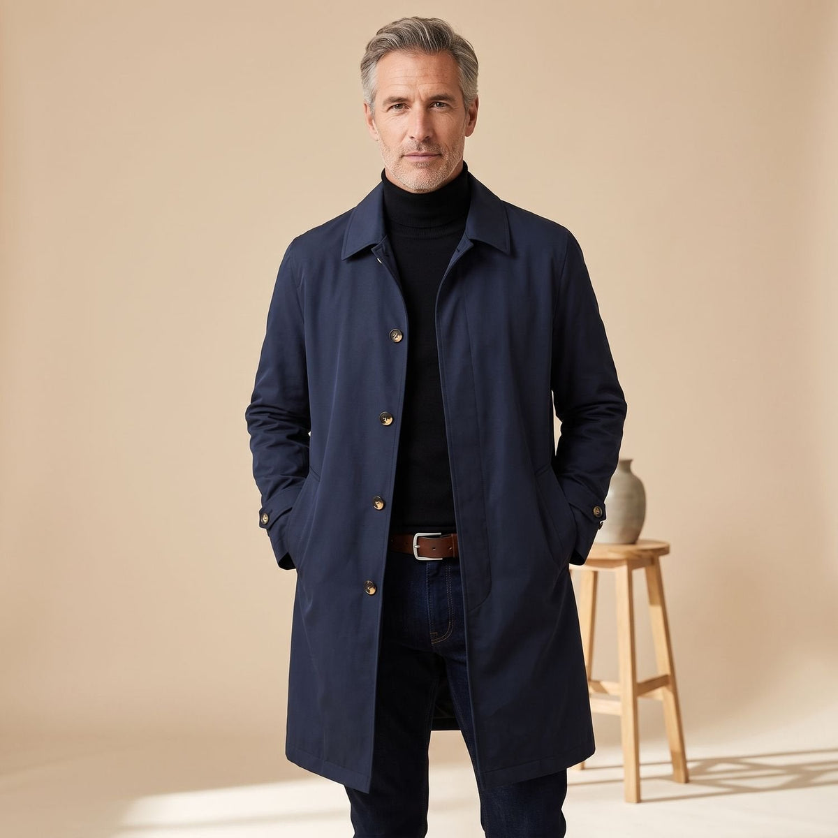 Classic Grey Trench Coat for Men with Button Front Notched Lapel Long Sleeve Longline Overcoat Style