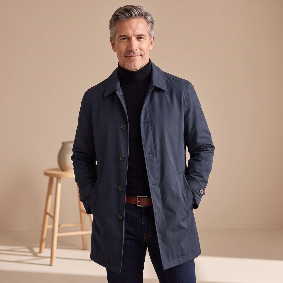 Classic Grey Trench Coat for Men with Button Front Notched Lapel Long Sleeve Longline Overcoat Style
