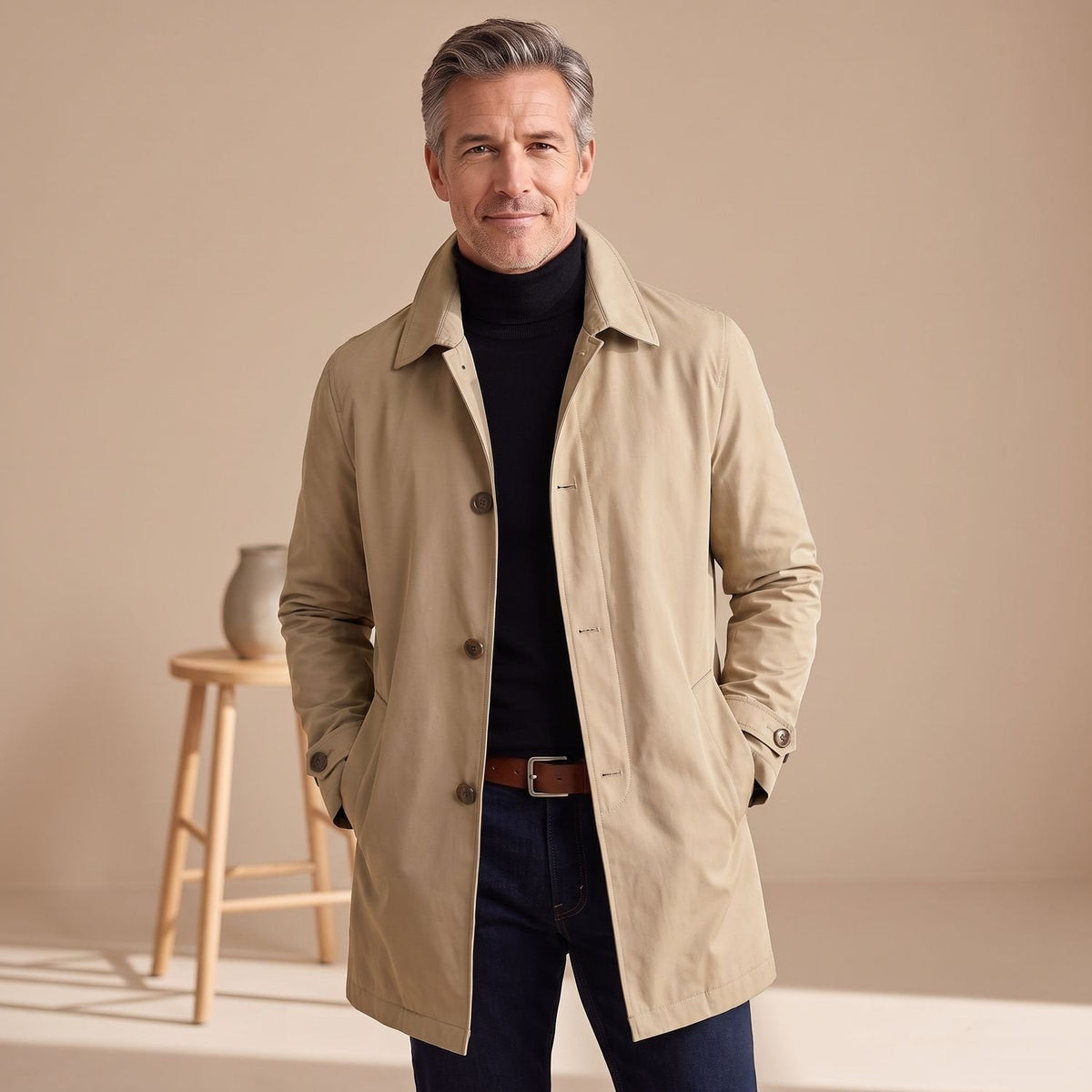 Classic Grey Trench Coat for Men with Button Front Notched Lapel Long Sleeve Longline Overcoat Style
