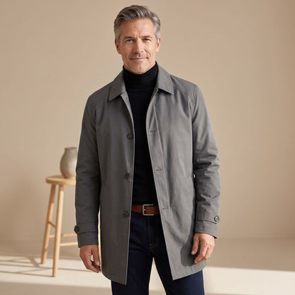 Classic Grey Trench Coat for Men with Button Front Notched Lapel Long Sleeve Longline Overcoat Style