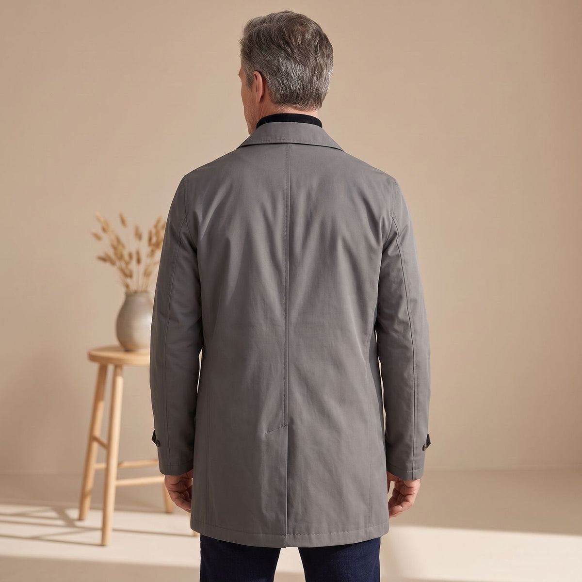 Classic Grey Trench Coat for Men with Button Front Notched Lapel Long Sleeve Longline Overcoat Style