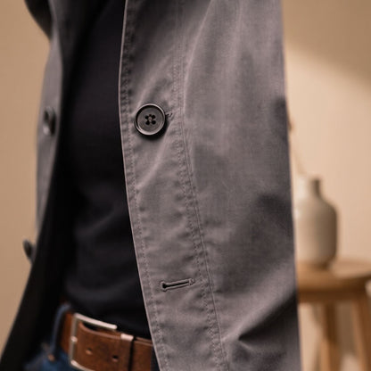 Classic Grey Trench Coat for Men with Button Front Notched Lapel Long Sleeve Longline Overcoat Style