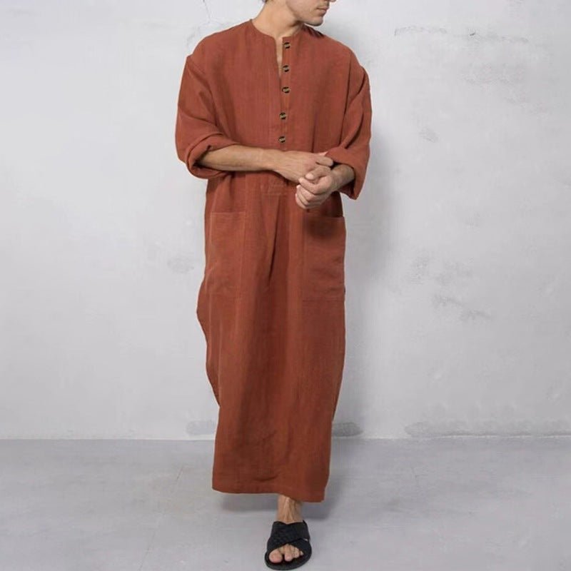 Effortless Linen Tunics for Women with Stand Collar Button Placket Relaxed Maxi Style
