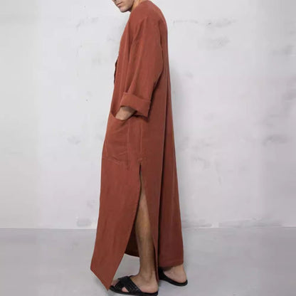Effortless Linen Tunics for Women with Stand Collar Button Placket Relaxed Maxi Style
