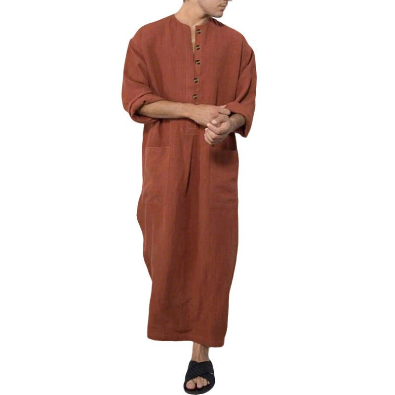 Effortless Linen Tunics for Women with Stand Collar Button Placket Relaxed Maxi Style
