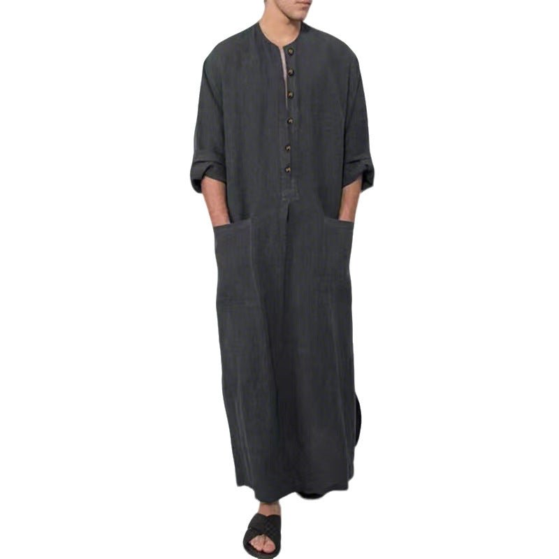 Effortless Linen Tunics for Women with Stand Collar Button Placket Relaxed Maxi Style