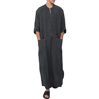 Effortless Linen Tunics for Women with Stand Collar Button Placket Relaxed Maxi Style