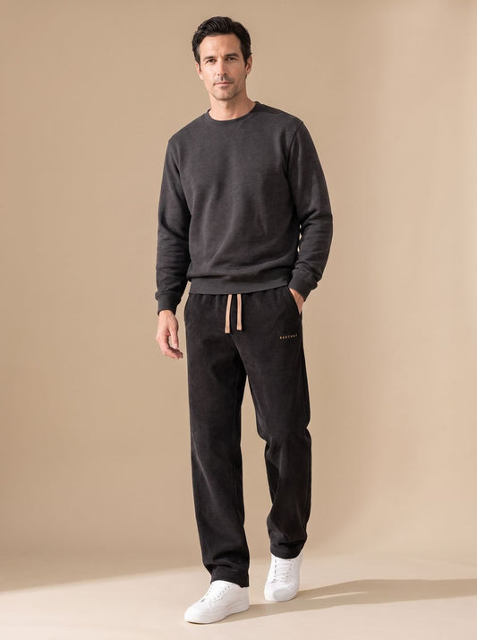 Cozy Corduroy Drawstring Pants for Men with Elastic Waist Straight Leg Relaxed Pocket Style
