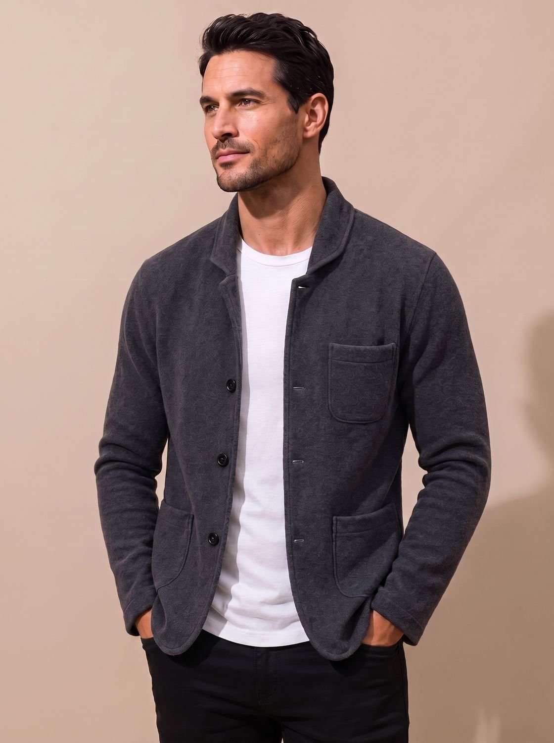 Cozy Knit Blazer Cardigan for Men with Notch Lapel Long Sleeve Button Front Slim Fit Style