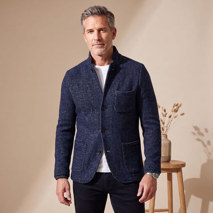 Classic Grey Knit Blazer for Men with Button Front Notched Lapel Long Sleeve Slim Fit Sport Coat Style