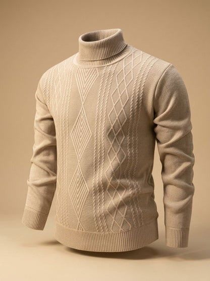 Cozy Cable Knit Turtleneck Sweater for Men with Roll Neck Long Sleeve Slim Fit Ribbed Winter Style