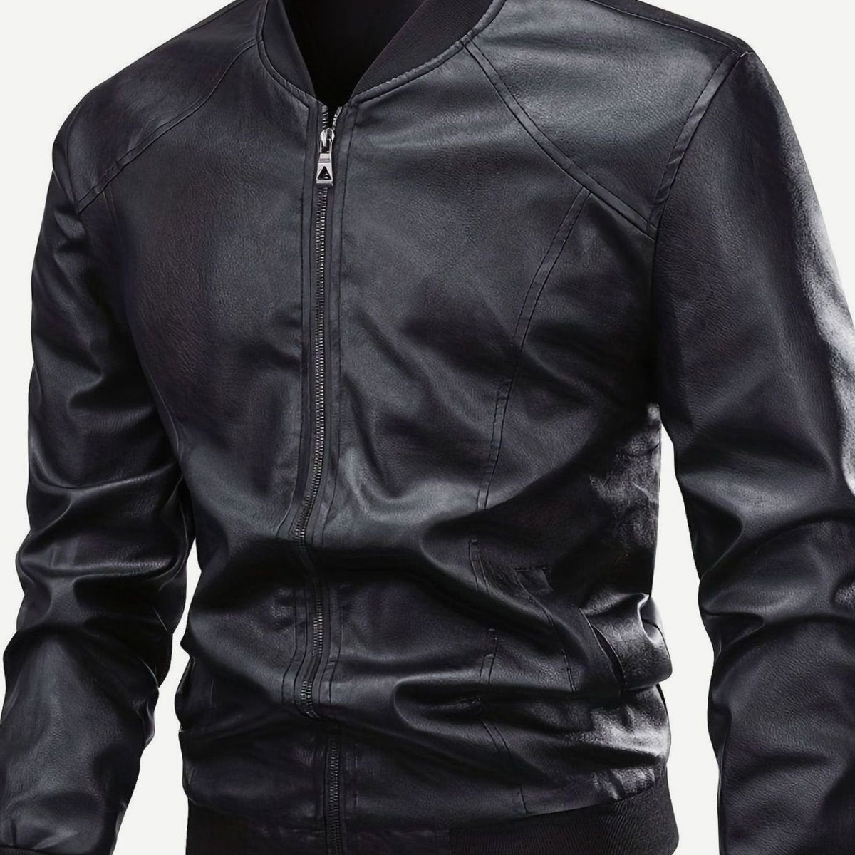 Cozy Black Faux Leather Bomber Jacket for Men with Stand Collar Long Sleeve Full Zip Slim Fit Style
