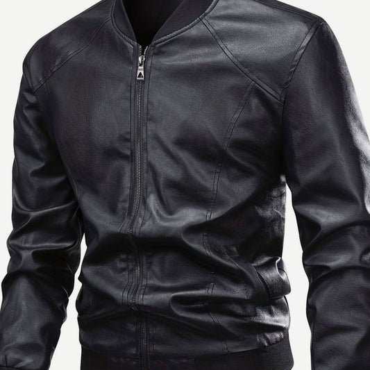 Cozy Black Faux Leather Bomber Jacket for Men with Stand Collar Long Sleeve Full Zip Slim Fit Style