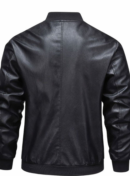 Cozy Black Faux Leather Bomber Jacket for Men with Stand Collar Long Sleeve Full Zip Slim Fit Style