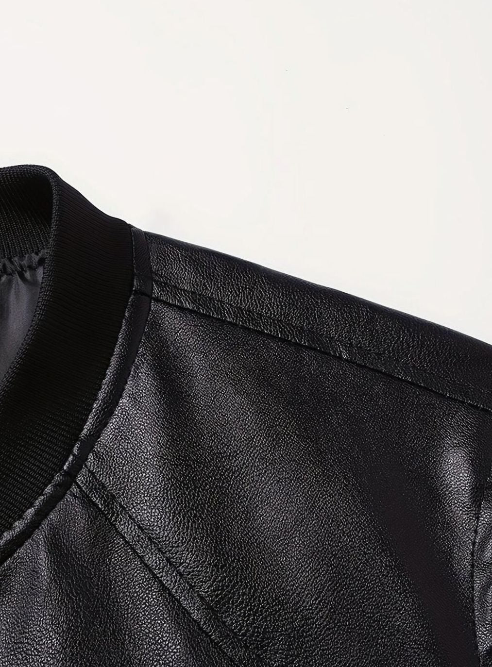 Cozy Black Faux Leather Bomber Jacket for Men with Stand Collar Long Sleeve Full Zip Slim Fit Style