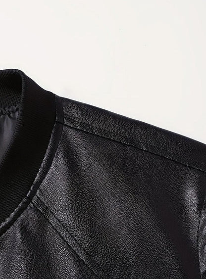 Cozy Black Faux Leather Bomber Jacket for Men with Stand Collar Long Sleeve Full Zip Slim Fit Style