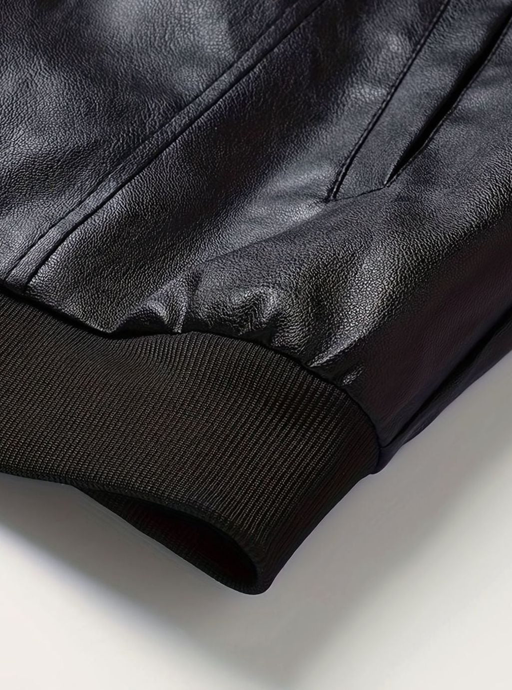 Cozy Black Faux Leather Bomber Jacket for Men with Stand Collar Long Sleeve Full Zip Slim Fit Style