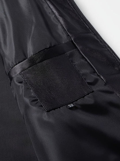Cozy Black Faux Leather Bomber Jacket for Men with Stand Collar Long Sleeve Full Zip Slim Fit Style