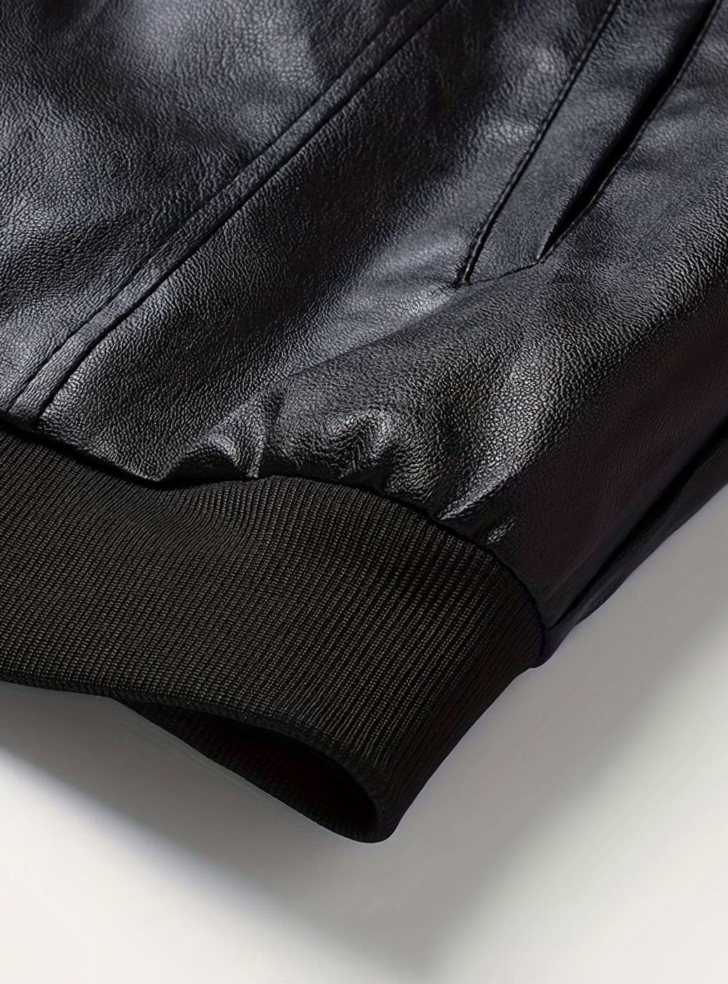 Cozy Black Faux Leather Bomber Jacket for Men with Stand Collar Long Sleeve Full Zip Slim Fit Style