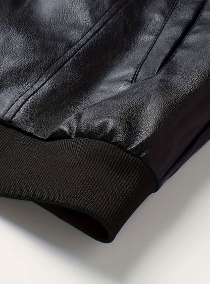 Cozy Black Faux Leather Bomber Jacket for Men with Stand Collar Long Sleeve Full Zip Slim Fit Style