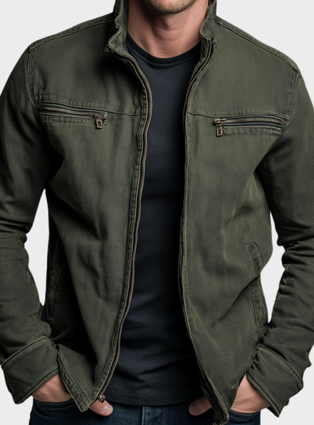 Rugged Stand Collar Bomber Jacket for Men with Full Zip Long Sleeve Zip Pocket Slim Fit Style