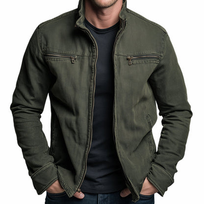 Rugged Stand Collar Bomber Jacket for Men with Full Zip Long Sleeve Zip Pocket Slim Fit Style