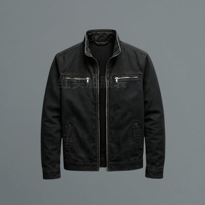 Rugged Stand Collar Bomber Jacket for Men with Full Zip Long Sleeve Zip Pocket Slim Fit Style
