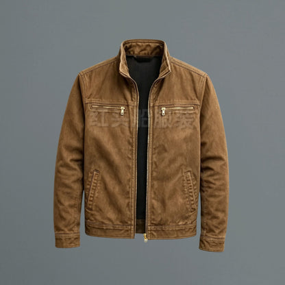 Rugged Stand Collar Bomber Jacket for Men with Full Zip Long Sleeve Zip Pocket Slim Fit Style