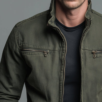 Rugged Stand Collar Bomber Jacket for Men with Full Zip Long Sleeve Zip Pocket Slim Fit Style