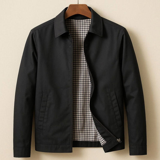 Rugged Harrington Bomber Jacket for Men with Point Collar Long Sleeve Zip Front Check Lining Style