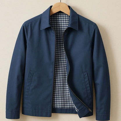 Rugged Harrington Bomber Jacket for Men with Point Collar Long Sleeve Zip Front Check Lining Style