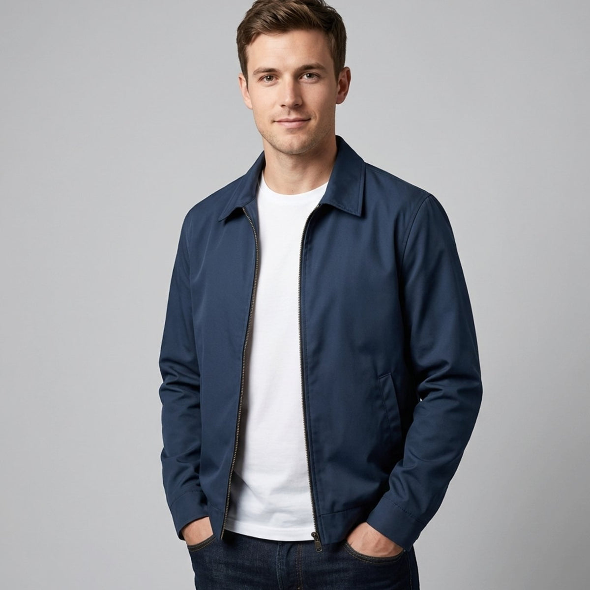 Rugged Harrington Bomber Jacket for Men with Point Collar Long Sleeve Zip Front Check Lining Style