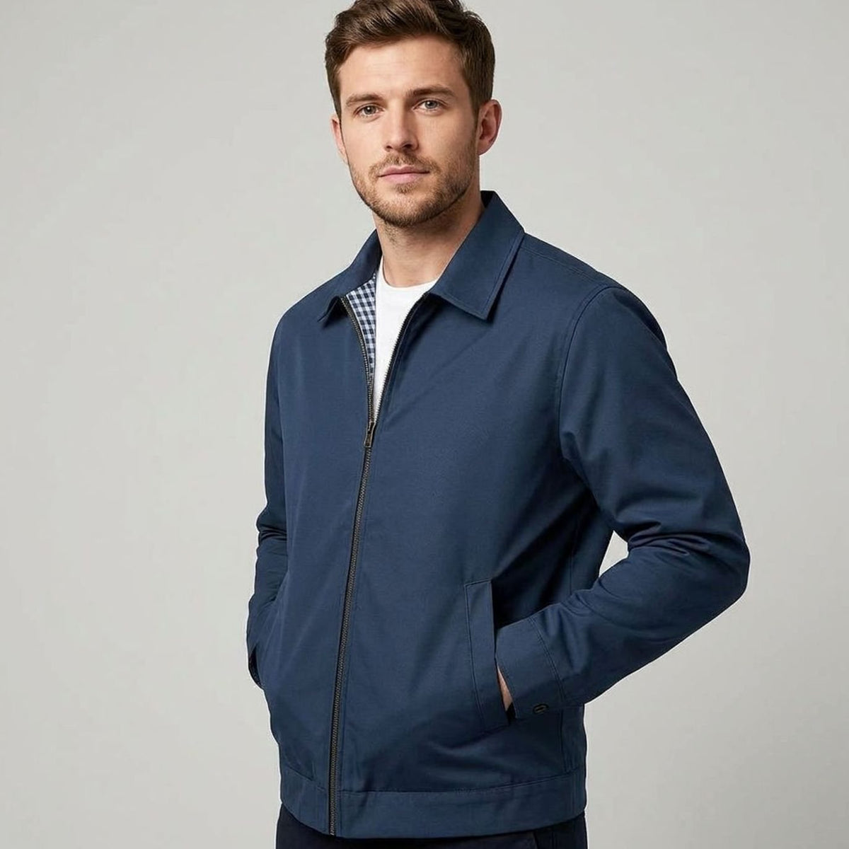 Rugged Harrington Bomber Jacket for Men with Point Collar Long Sleeve Zip Front Check Lining Style