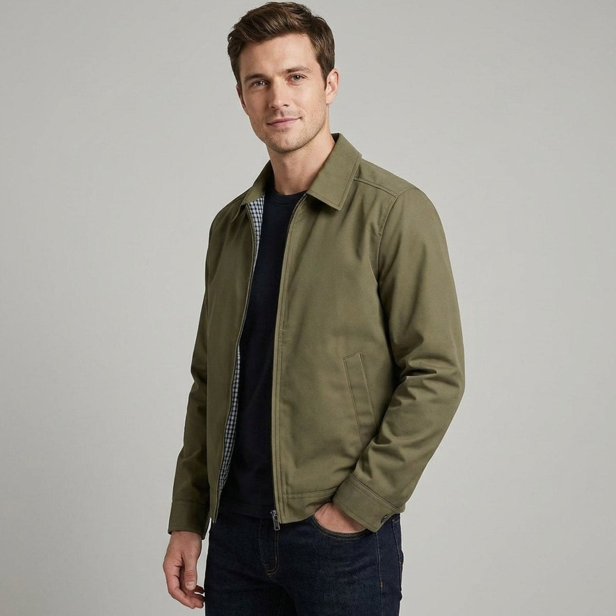 Rugged Harrington Bomber Jacket for Men with Point Collar Long Sleeve Zip Front Check Lining Style