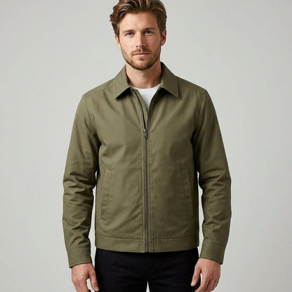 Rugged Harrington Bomber Jacket for Men with Point Collar Long Sleeve Zip Front Check Lining Style