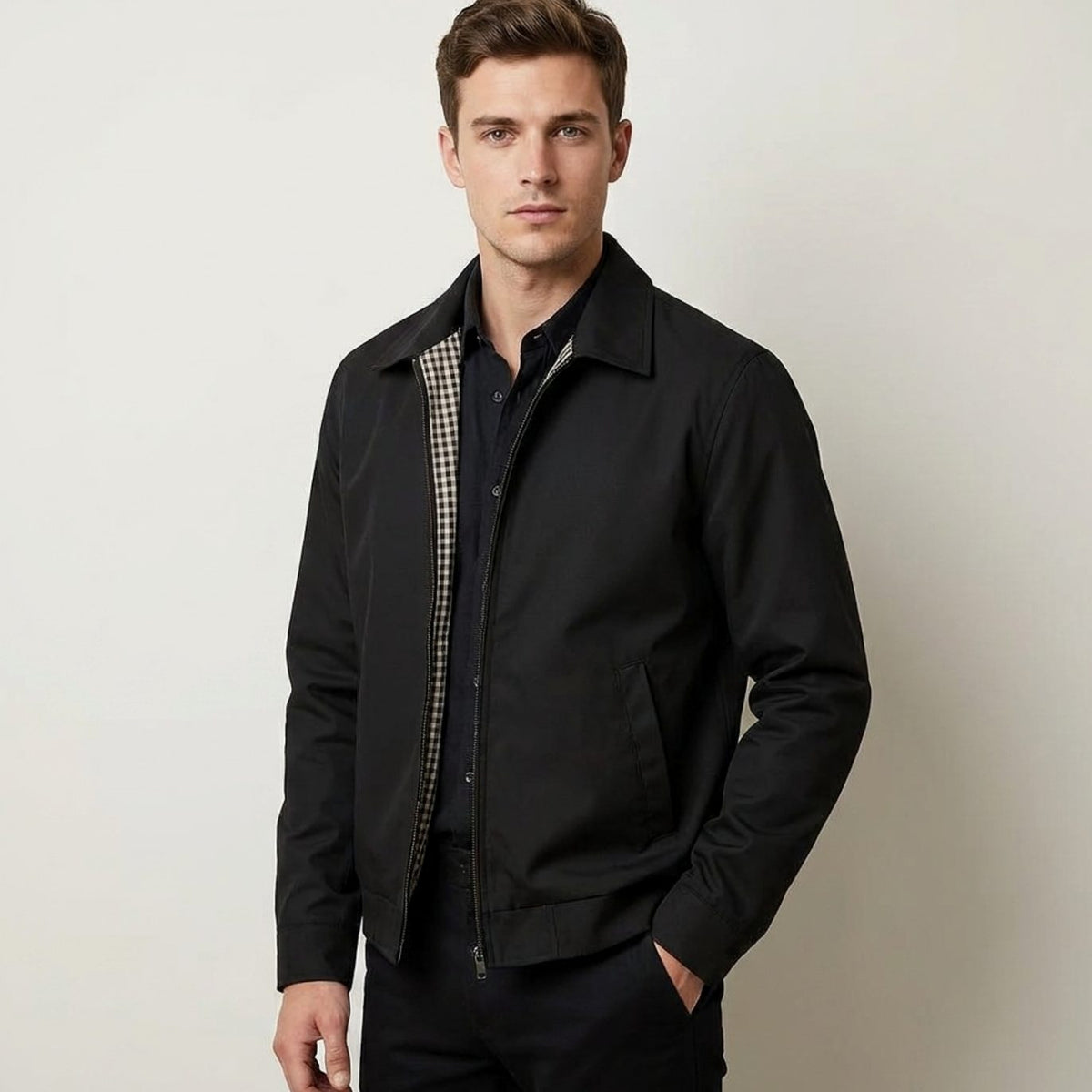 Rugged Harrington Bomber Jacket for Men with Point Collar Long Sleeve Zip Front Check Lining Style
