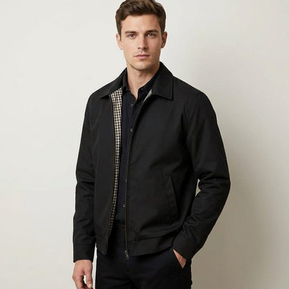 Rugged Harrington Bomber Jacket for Men with Point Collar Long Sleeve Zip Front Check Lining Style
