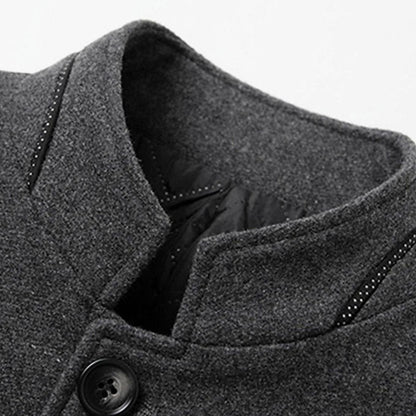 Cozy Wool Coat for Men with Stand Collar Long Sleeve Button Front Tailored Overcoat Winter Style
