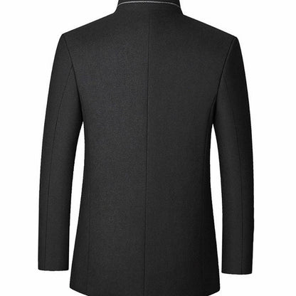 Cozy Wool Coat for Men with Stand Collar Long Sleeve Button Front Tailored Overcoat Winter Style