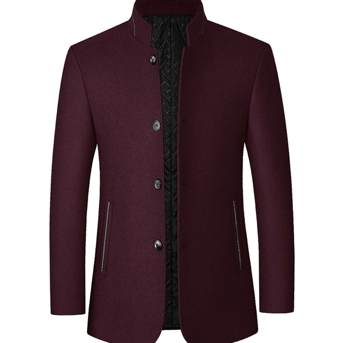 Cozy Wool Coat for Men with Stand Collar Long Sleeve Button Front Tailored Overcoat Winter Style