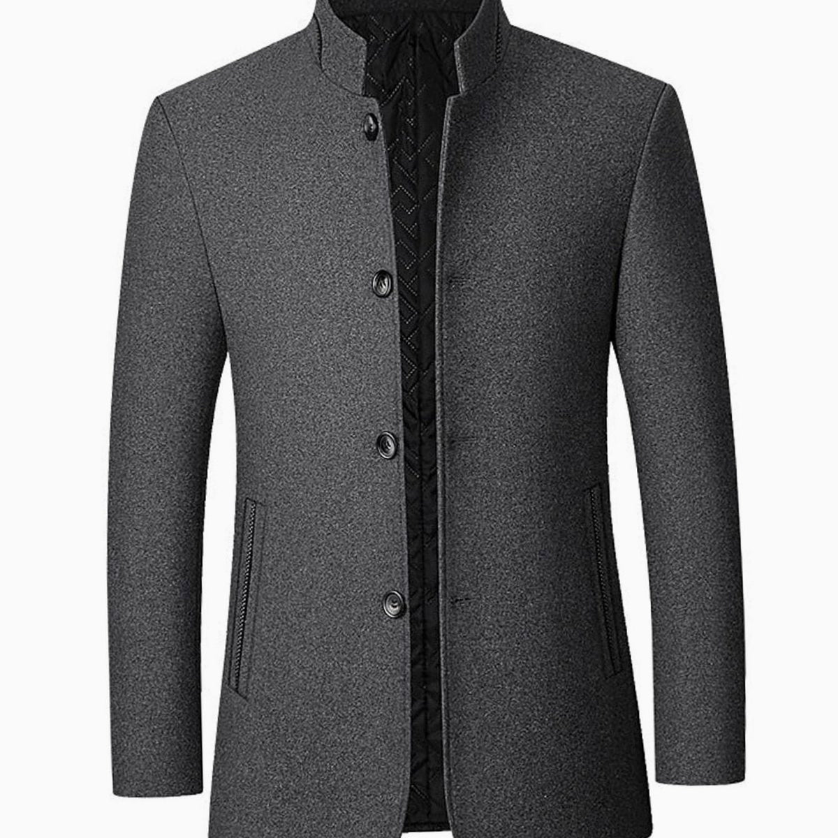 Cozy Wool Coat for Men with Stand Collar Long Sleeve Button Front Tailored Overcoat Winter Style