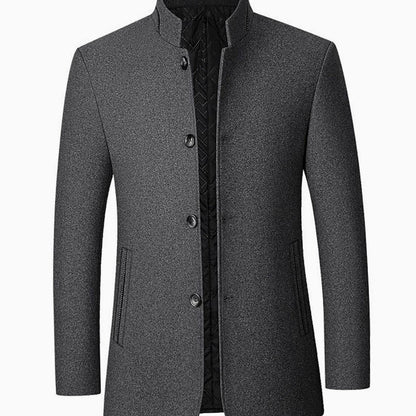 Cozy Wool Coat for Men with Stand Collar Long Sleeve Button Front Tailored Overcoat Winter Style