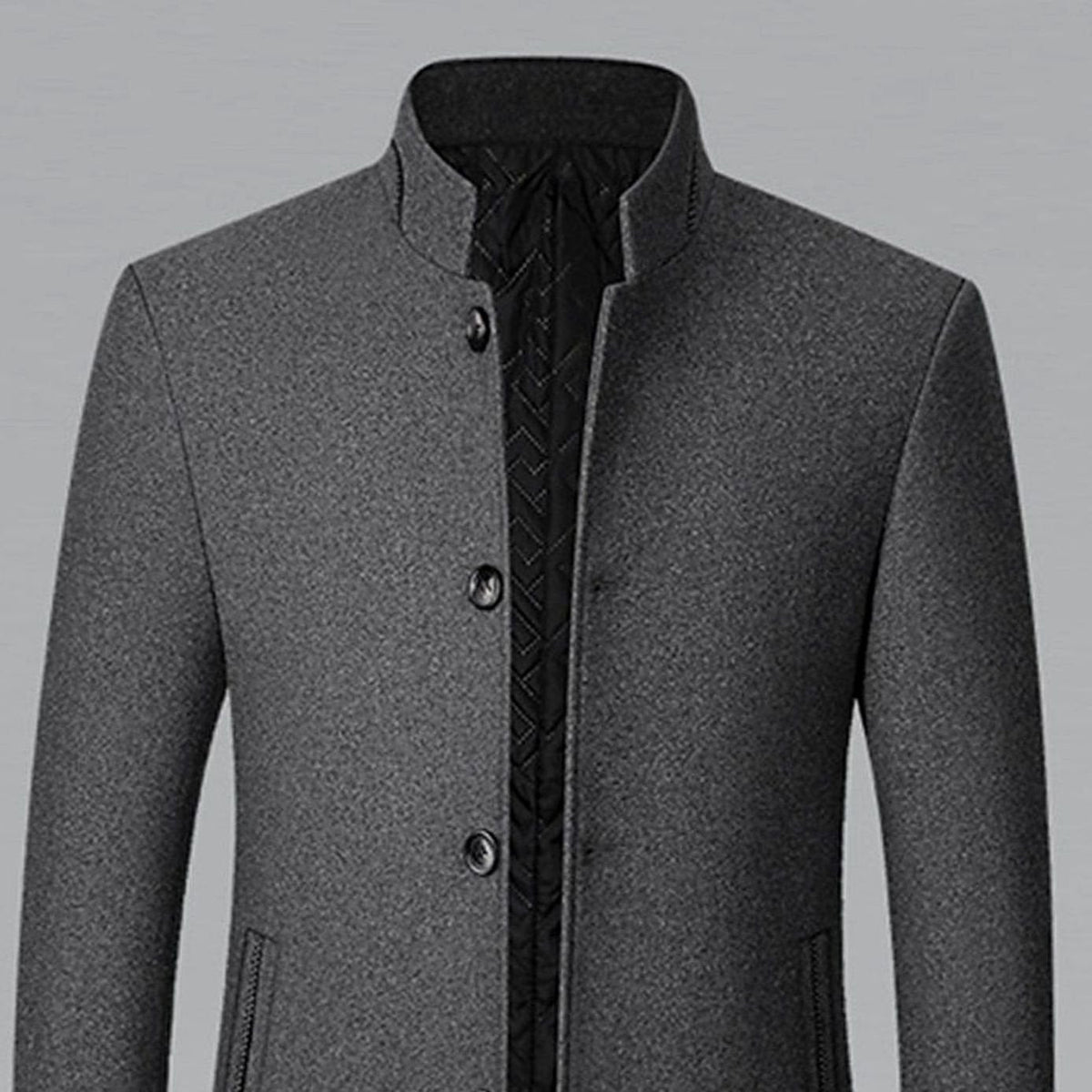 Cozy Wool Coat for Men with Stand Collar Long Sleeve Button Front Tailored Overcoat Winter Style