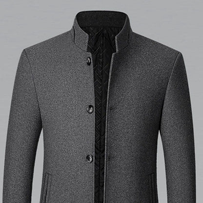 Cozy Wool Coat for Men with Stand Collar Long Sleeve Button Front Tailored Overcoat Winter Style