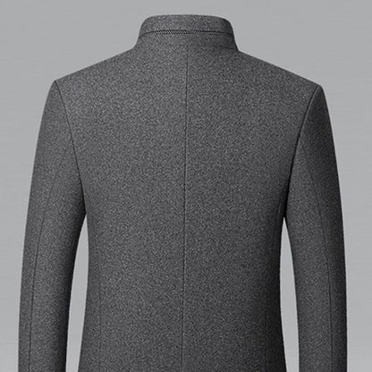 Cozy Wool Coat for Men with Stand Collar Long Sleeve Button Front Tailored Overcoat Winter Style