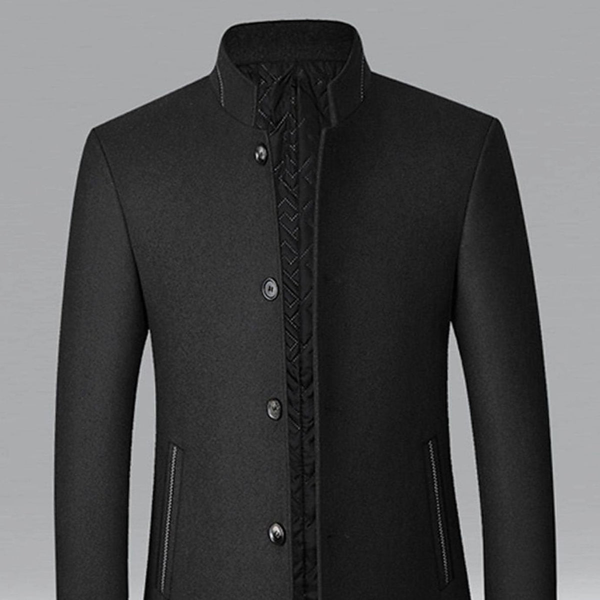 Cozy Wool Coat for Men with Stand Collar Long Sleeve Button Front Tailored Overcoat Winter Style
