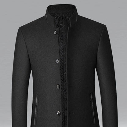 Cozy Wool Coat for Men with Stand Collar Long Sleeve Button Front Tailored Overcoat Winter Style