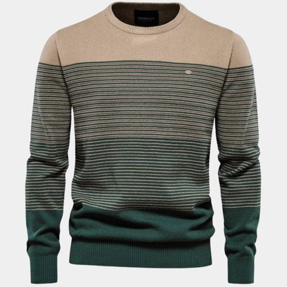 Cozy Colorblock Knit Sweater for Men with Crew Neck Long Sleeve Striped Pullover Ribbed Style