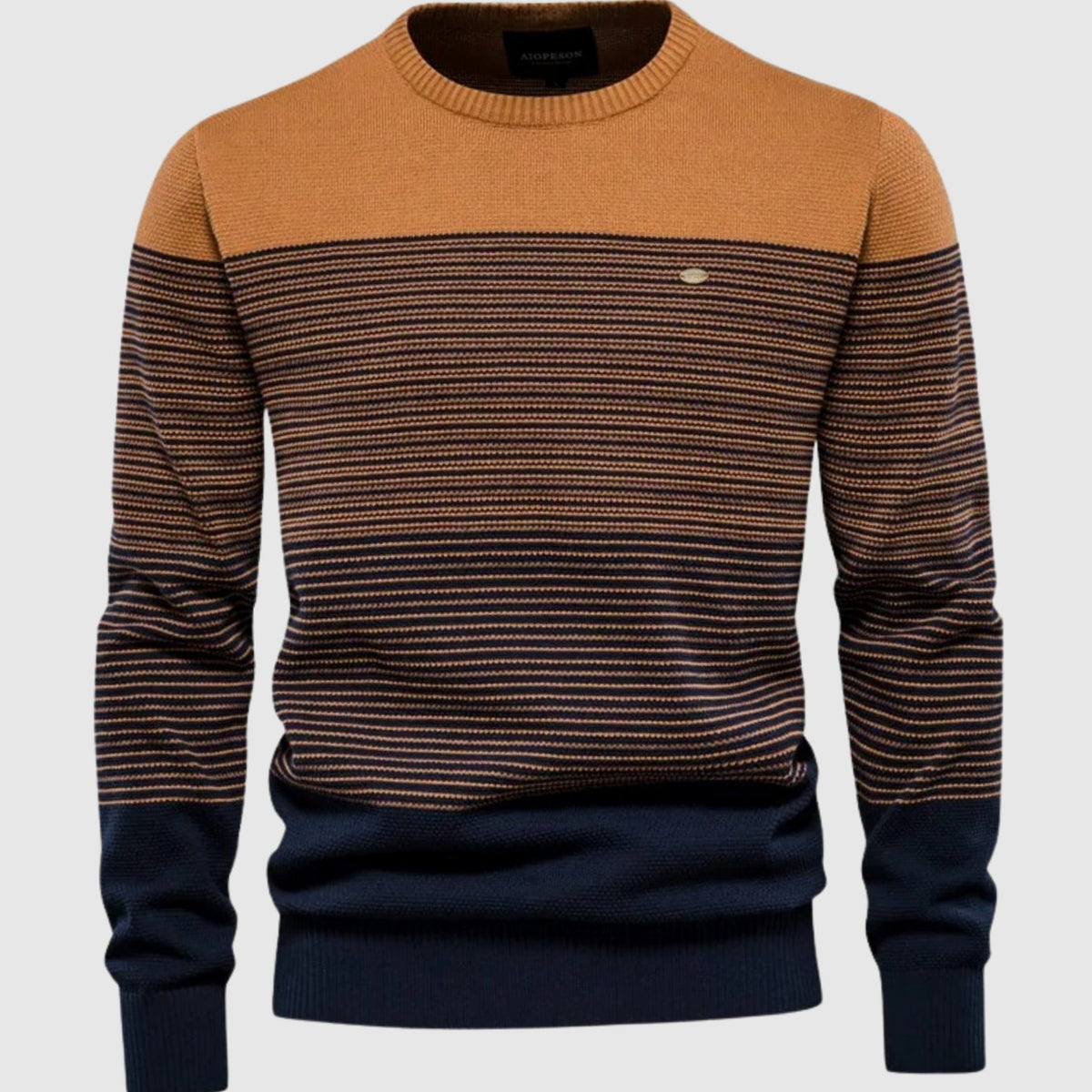 Cozy Colorblock Knit Sweater for Men with Crew Neck Long Sleeve Striped Pullover Ribbed Style