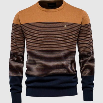 Cozy Colorblock Knit Sweater for Men with Crew Neck Long Sleeve Striped Pullover Ribbed Style